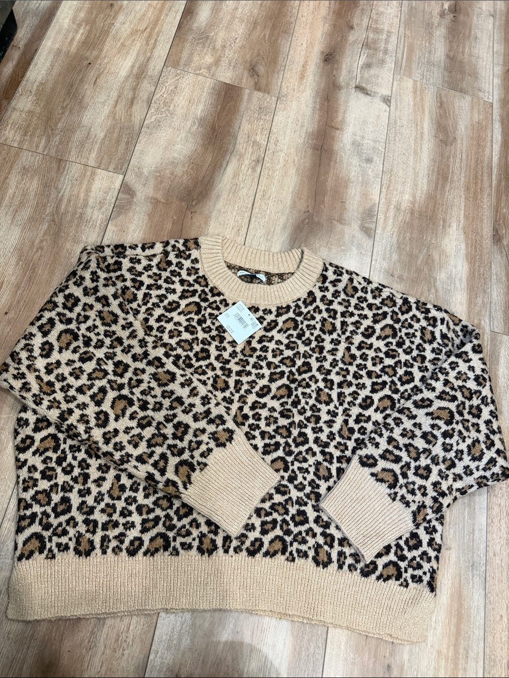 Leopard Print Crewneck Sweater in Beige and Black